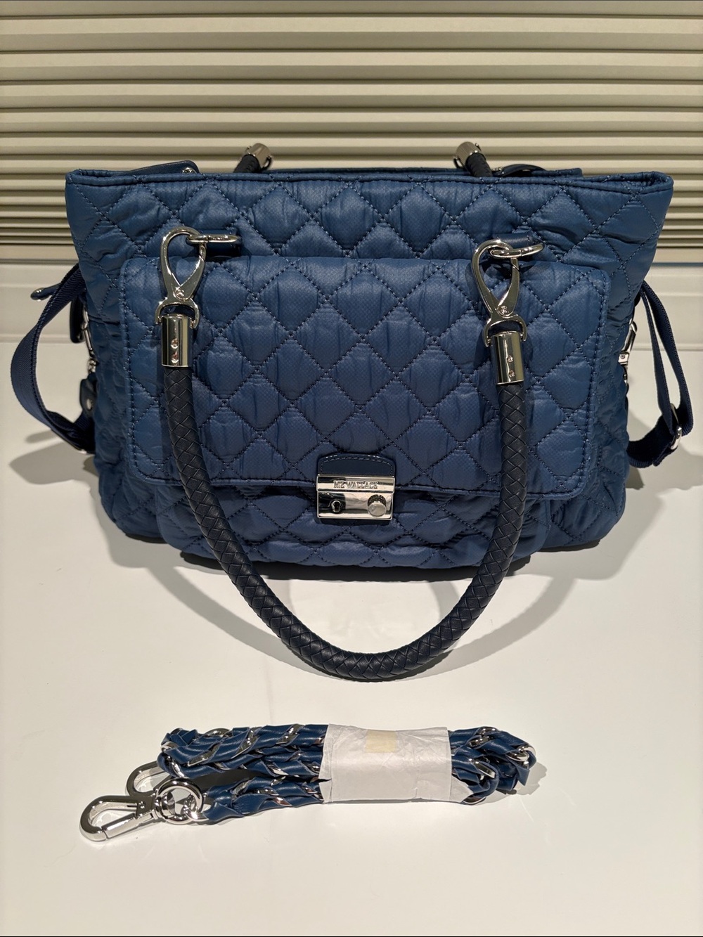 MZ Wallace Blue Crosby Lock Quilted Nylon Convertible Satchel Bag